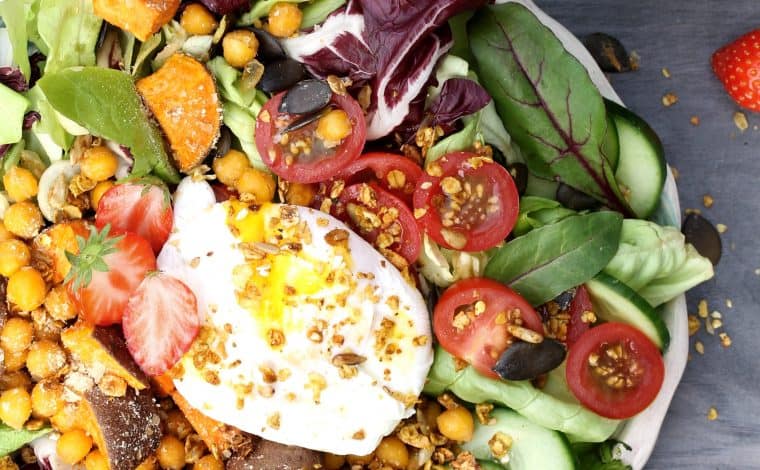 Summer Buddha bowl -Vegan Parmesan Sweet potato, Chickpeas & Avocado-Tahini-Lime Dressing - Truefoodsblog