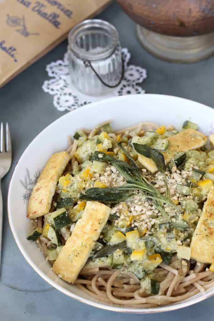 Barley Pasta, Vegan Pesto Carbonara Zucchini & Saltimbocca Tofu - Truefoodsblog