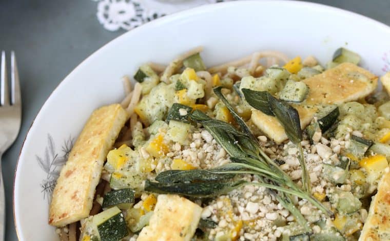 Barley Pasta, Vegan Pesto Carbonara Zucchini & Saltimbocca Tofu - Truefoodsblog