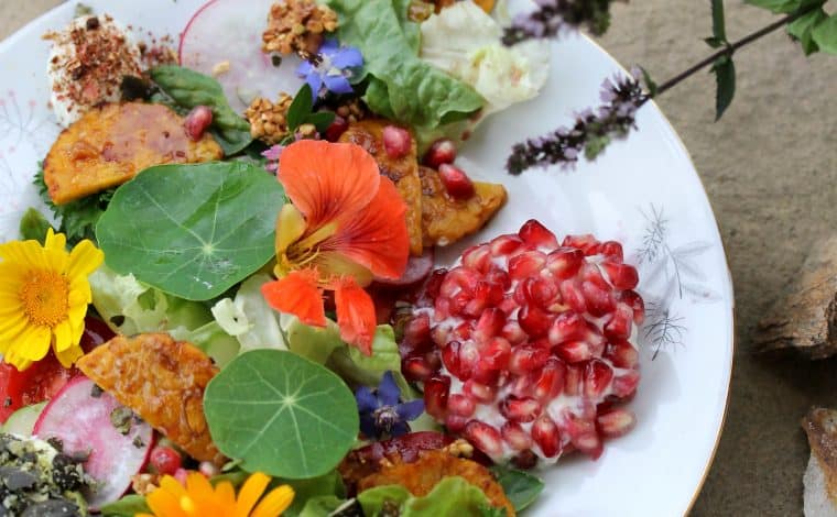 Whipped Lemon Goat Cheese Edible Flower Salad - Truefoodsblog